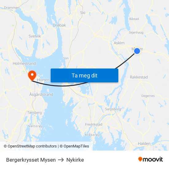 Bergerkrysset Mysen to Nykirke map