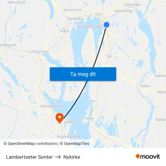 Lambertseter Senter to Nykirke map