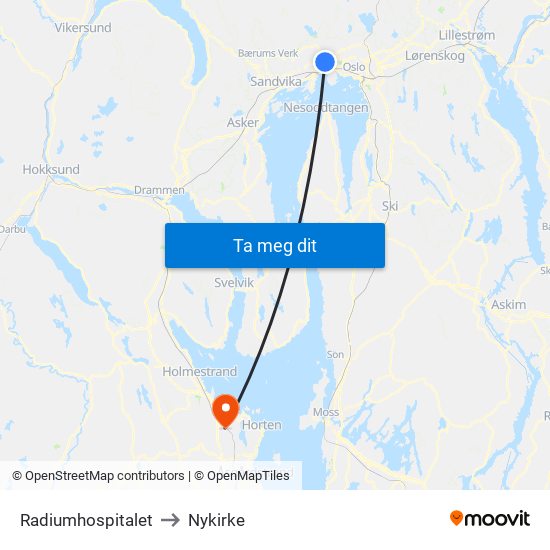 Radiumhospitalet to Nykirke map