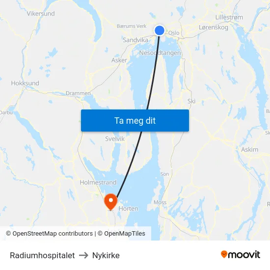 Radiumhospitalet to Nykirke map