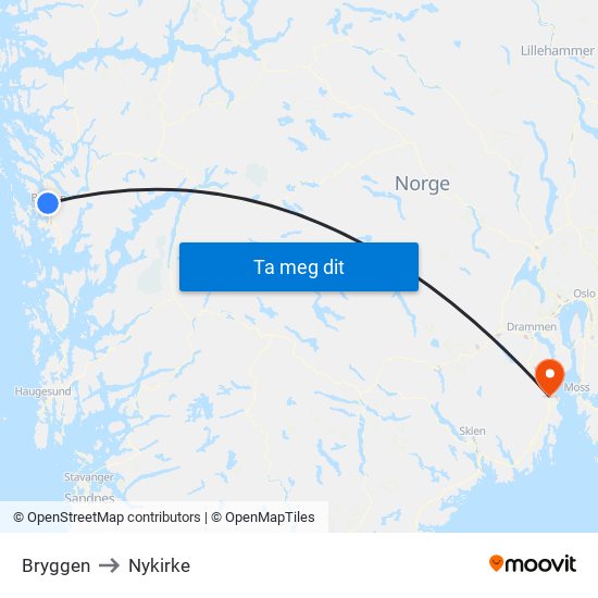 Bryggen to Nykirke map