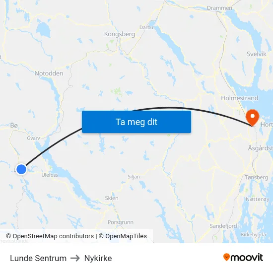 Lunde Sentrum to Nykirke map