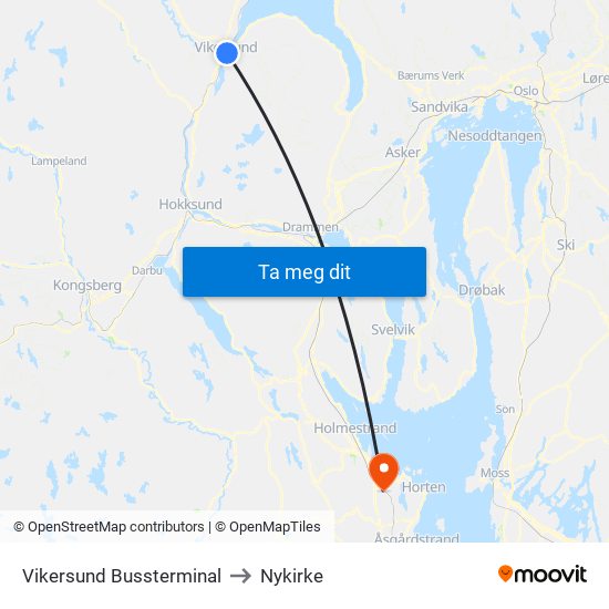 Vikersund Bussterminal to Nykirke map