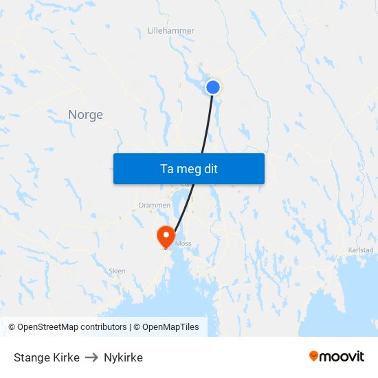 Stange Kirke to Nykirke map