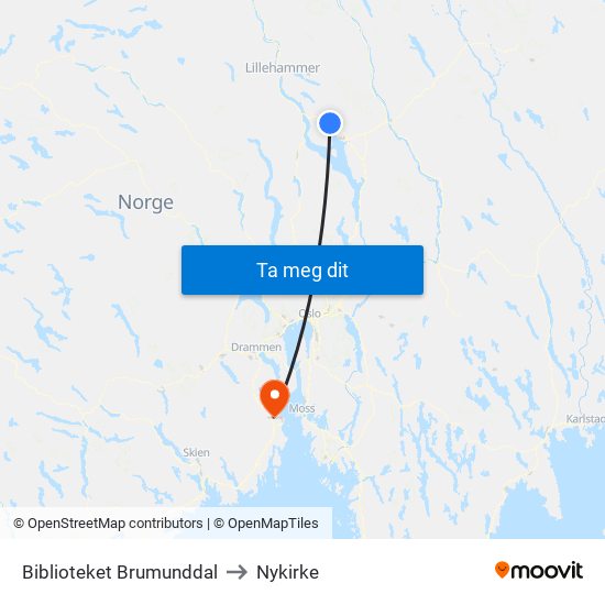 Biblioteket Brumunddal to Nykirke map