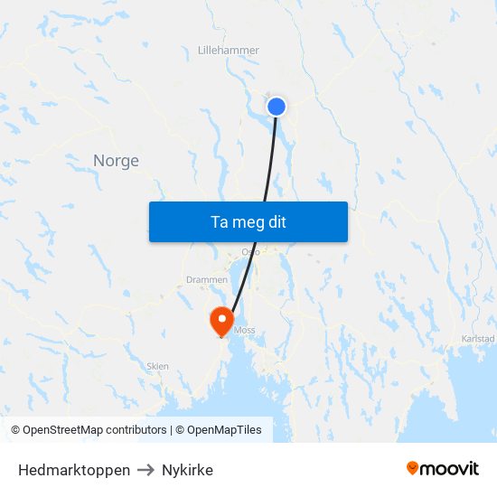Hedmarktoppen to Nykirke map
