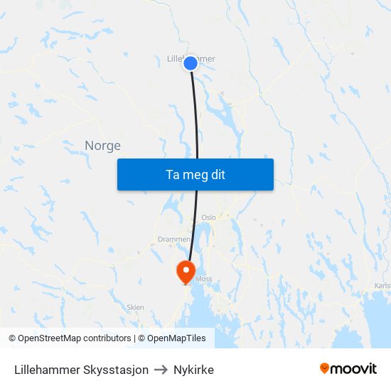 Lillehammer Skysstasjon to Nykirke map