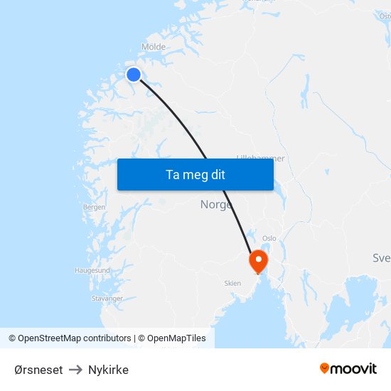 Ørsneset to Nykirke map