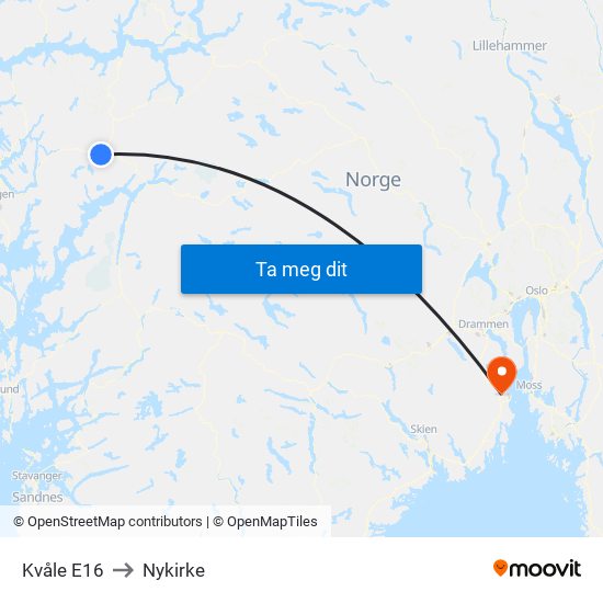 Kvåle E16 to Nykirke map