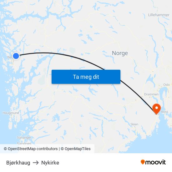 Bjørkhaug to Nykirke map