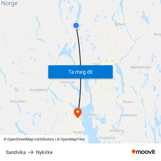 Sandvika to Nykirke map