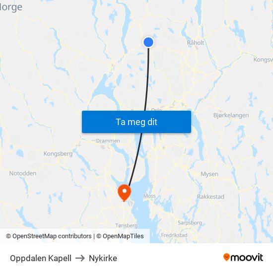 Oppdalen Kapell to Nykirke map