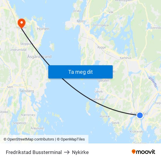 Fredrikstad Bussterminal to Nykirke map