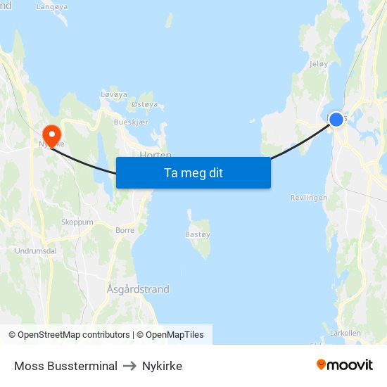 Moss Bussterminal to Nykirke map