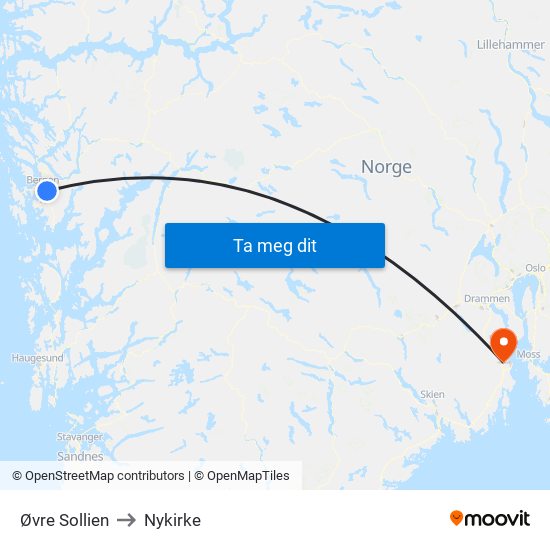 Øvre Sollien to Nykirke map