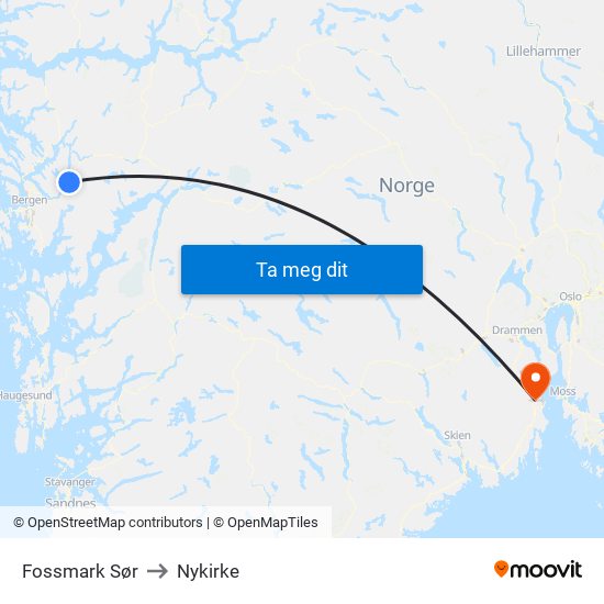 Fossmark Sør to Nykirke map