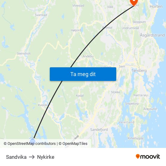 Sandvika to Nykirke map