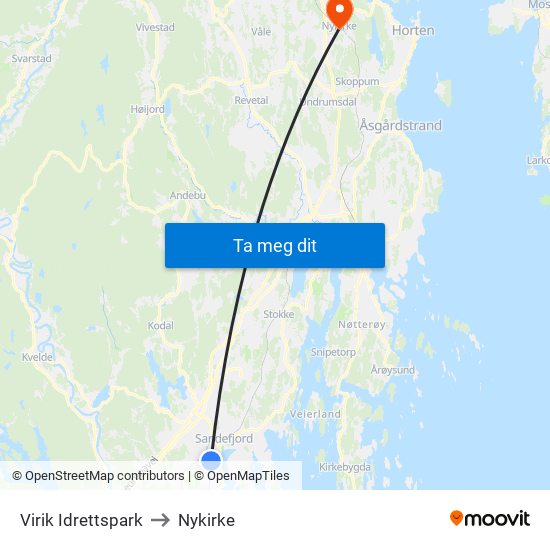 Virik Idrettspark to Nykirke map