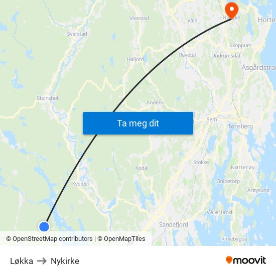 Løkka to Nykirke map