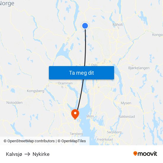 Kalvsjø to Nykirke map