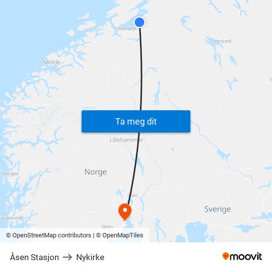 Åsen Stasjon to Nykirke map