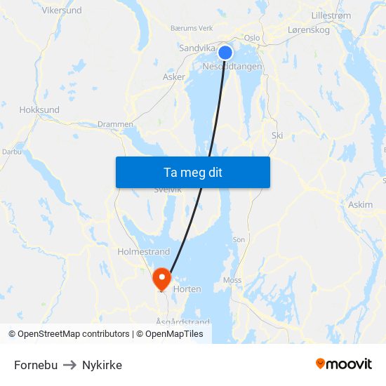 Fornebu to Nykirke map