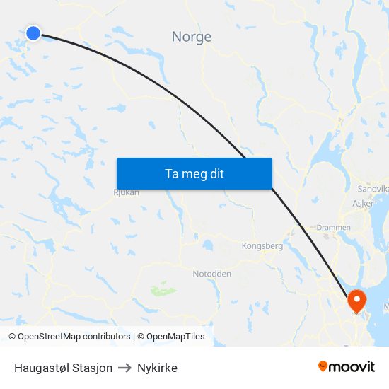 Haugastøl Stasjon to Nykirke map