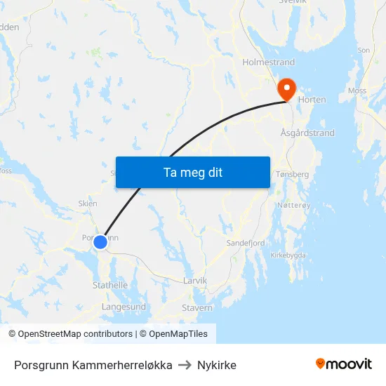 Porsgrunn Kammerherreløkka to Nykirke map