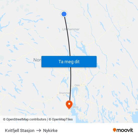 Kvitfjell Stasjon to Nykirke map
