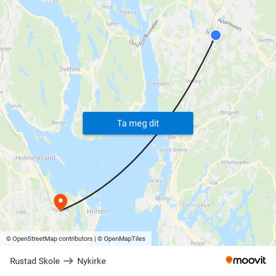 Rustad Skole to Nykirke map
