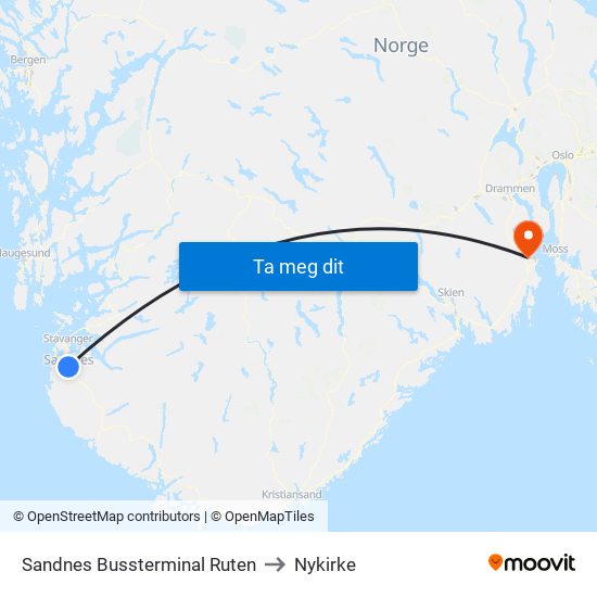 Sandnes Bussterminal Ruten to Nykirke map