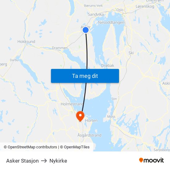 Asker Stasjon to Nykirke map