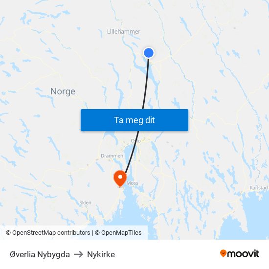 Øverlia Nybygda to Nykirke map