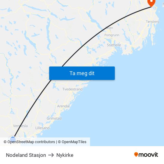 Nodeland Stasjon to Nykirke map