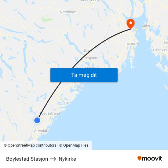 Bøylestad Stasjon to Nykirke map