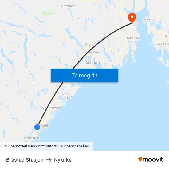 Bråstad Stasjon to Nykirke map