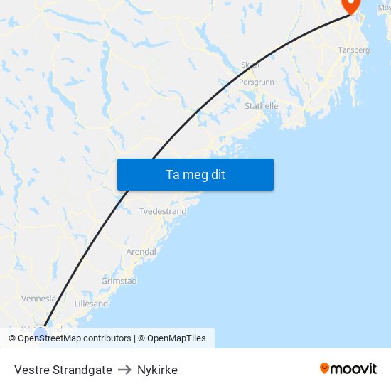 Vestre Strandgate to Nykirke map