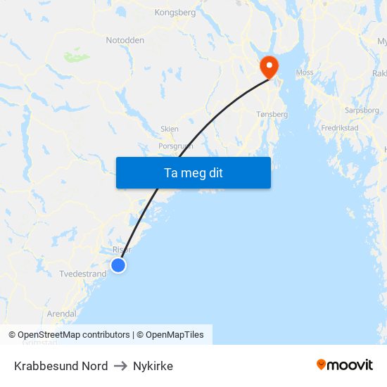 Krabbesund Nord to Nykirke map