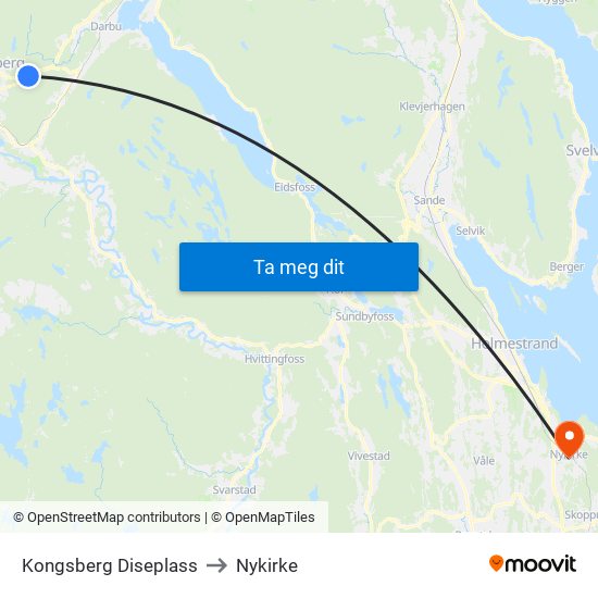 Kongsberg Diseplass to Nykirke map