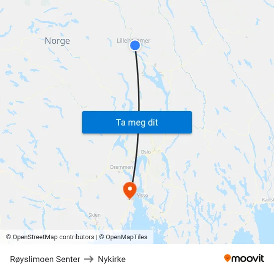Røyslimoen Senter to Nykirke map