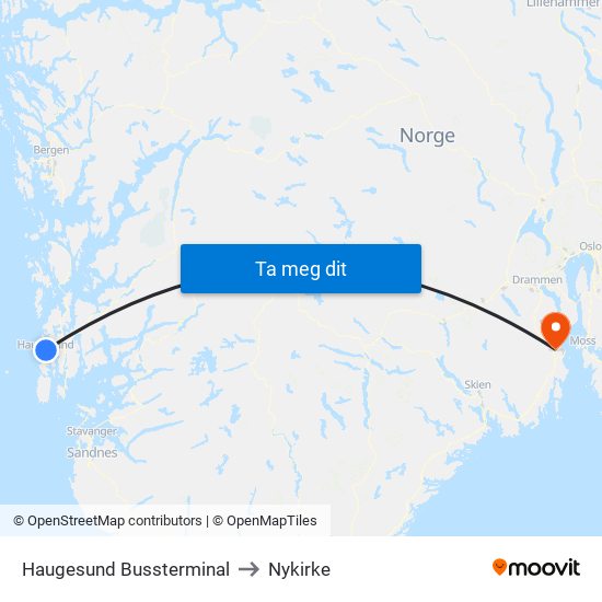 Haugesund Bussterminal to Nykirke map