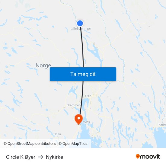 Circle K Øyer to Nykirke map