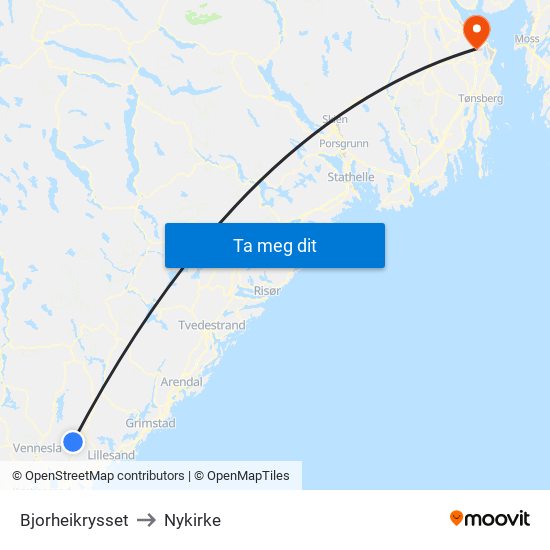 Bjorheikrysset to Nykirke map