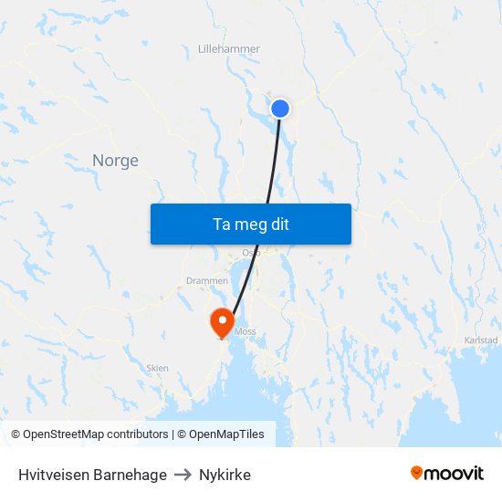 Hvitveisen Barnehage to Nykirke map
