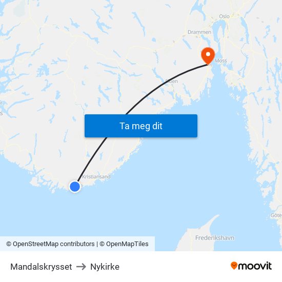 Mandalskrysset to Nykirke map