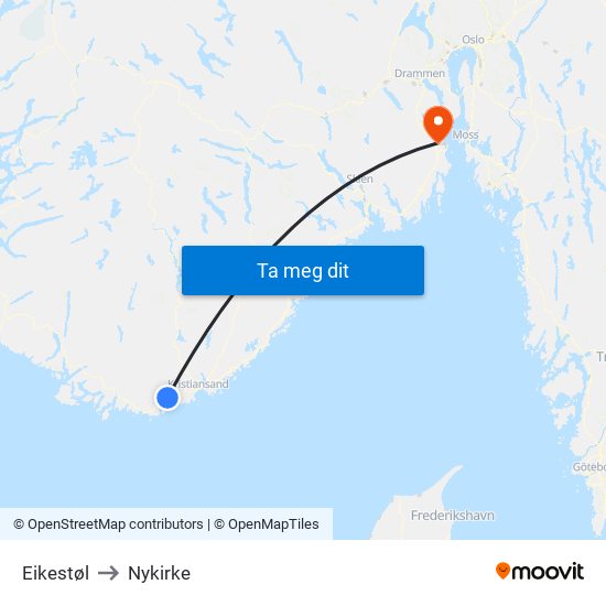 Eikestøl to Nykirke map