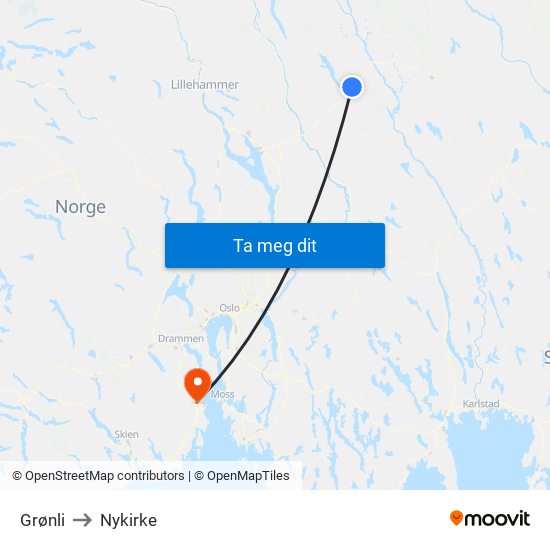 Grønli to Nykirke map