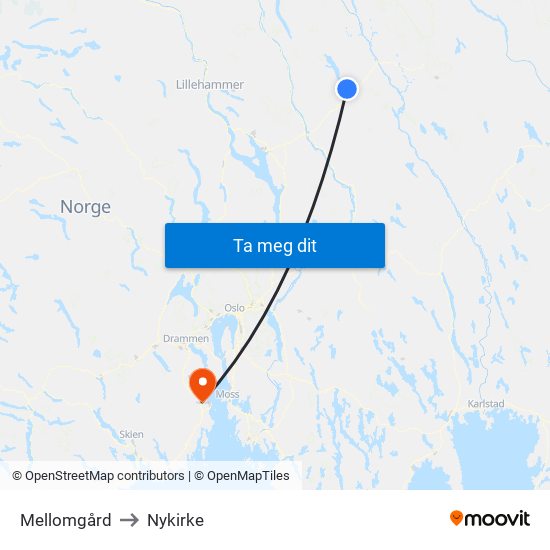 Mellomgård to Nykirke map