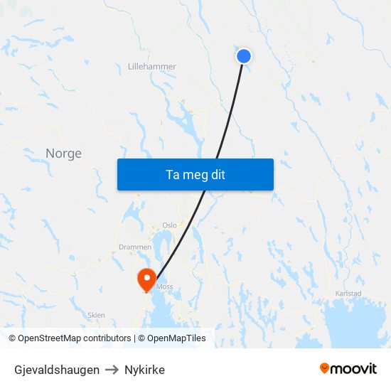 Gjevaldshaugen to Nykirke map