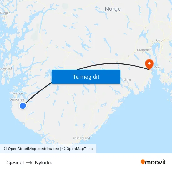 Gjesdal to Nykirke map